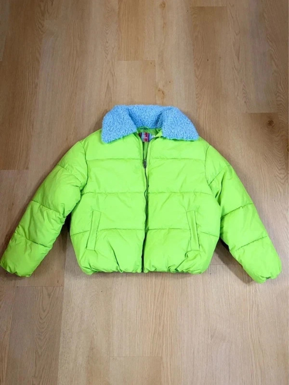 Women’s Urban Outfitters Neon Green Puffer Jacket Faux Fur Collar XS